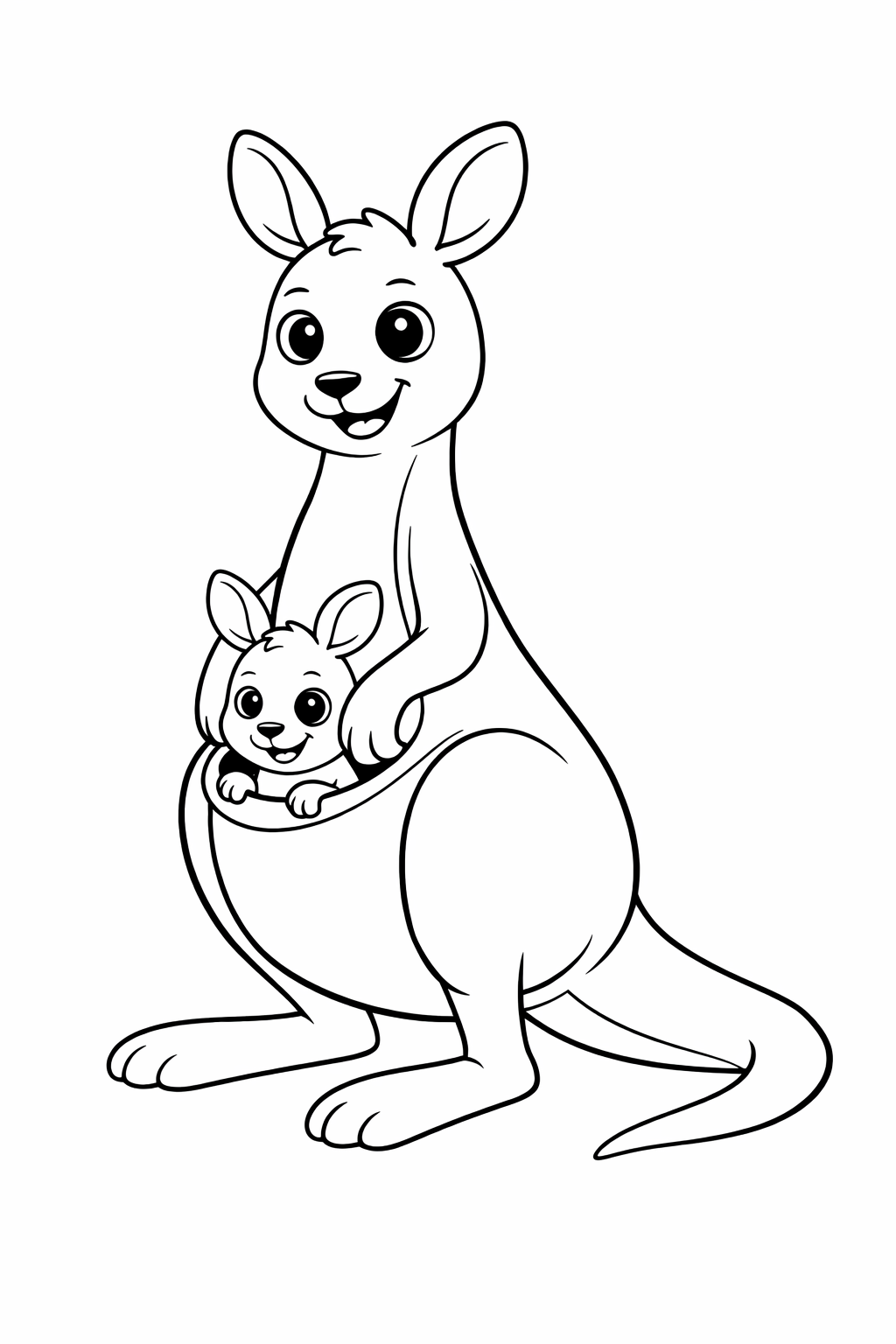 A delightful coloring page of a kangaroo mother with her joey in a pouch, ready to be colored by children, encouraging creativity and wildlife interest.