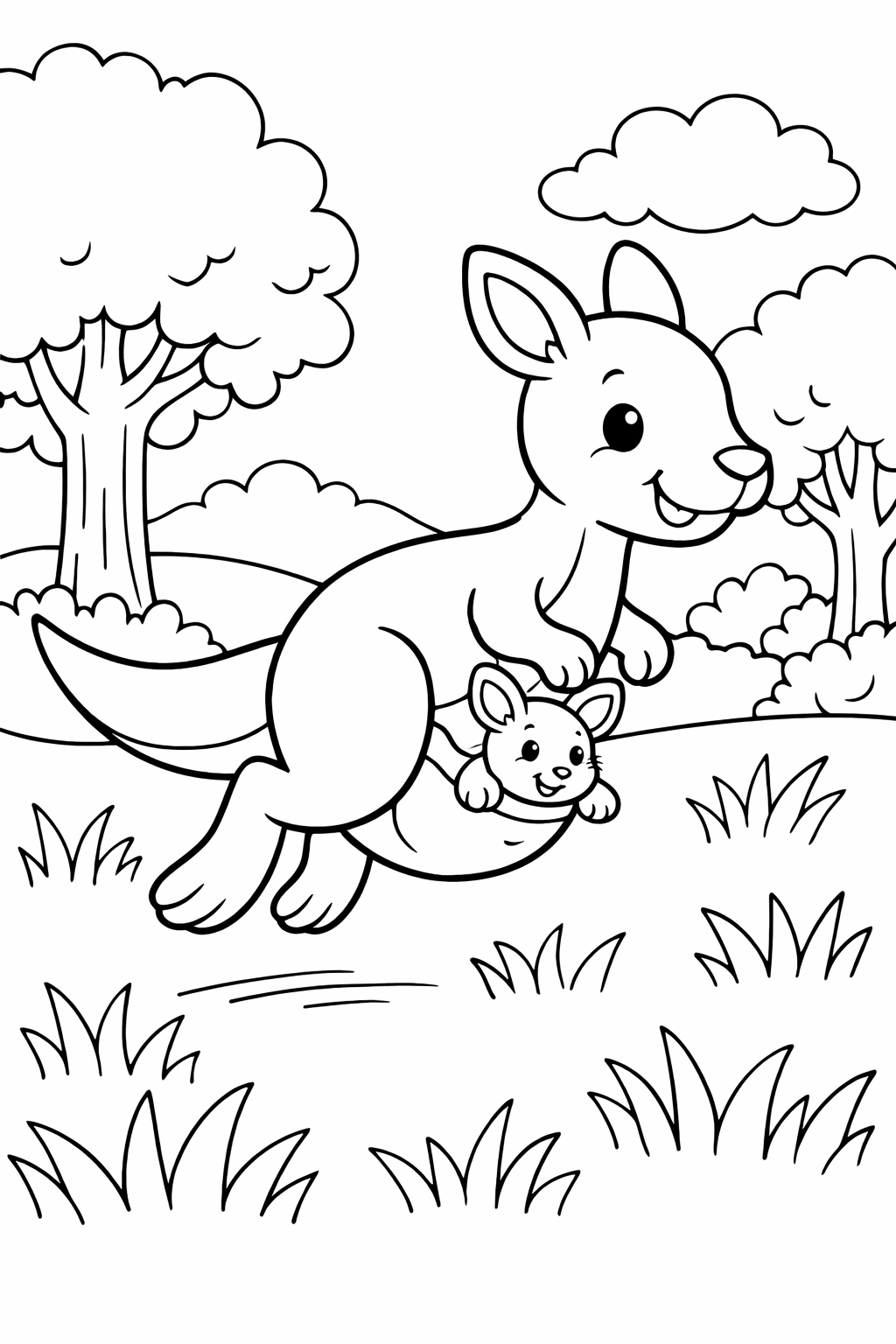 A joyful kangaroo with a baby joey in its pouch amidst trees and grass, creating a lively natural scene for kids to color.