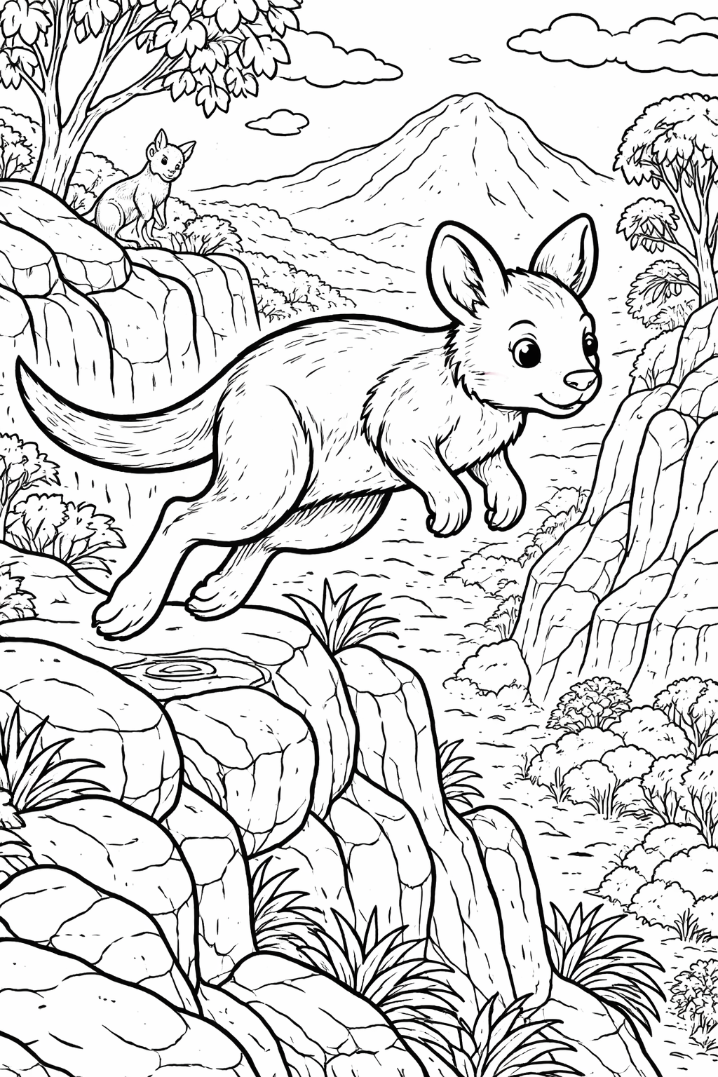 A lively kangaroo leaps across rocks in an outback setting, surrounded by trees and rugged cliffs. An engaging scene designed for children to color and explore.