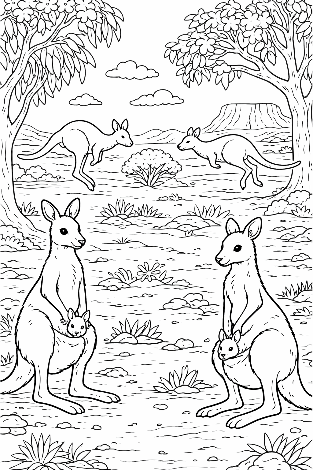 A detailed coloring page showing a kangaroo family. Adult kangaroos with joeys in pouches in a natural setting with trees and open landscapes.