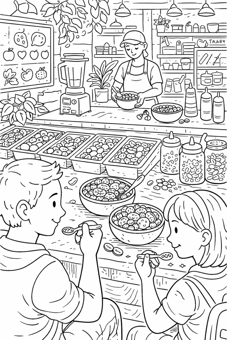 A detailed coloring page depicting two kids at a juice bar, enjoying bowls of fresh fruit. The setting includes various fruits, a blender, and a friendly staff member, creating a lively and engaging environment for young artists to explore.