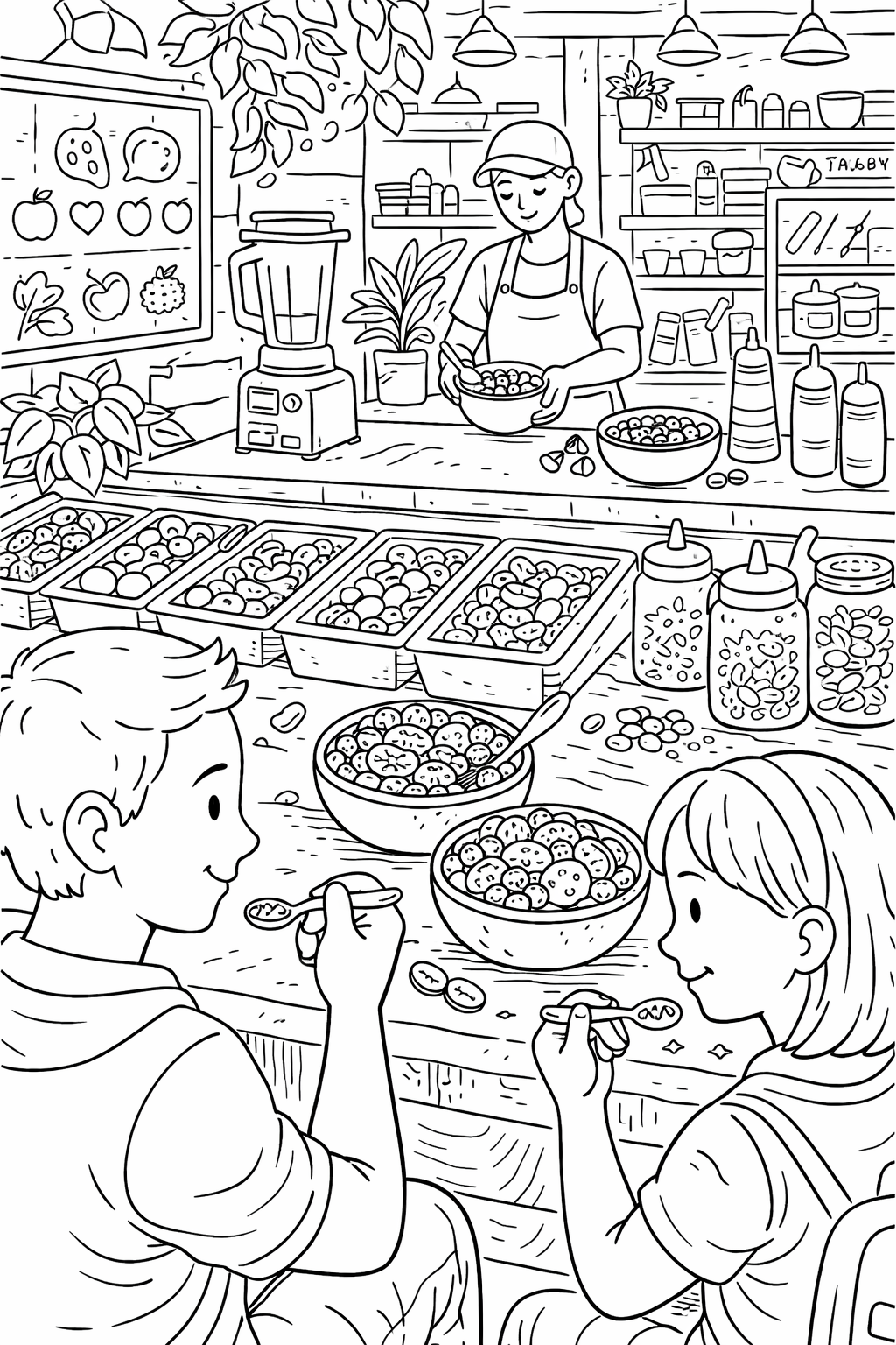 A detailed coloring page depicting two kids at a juice bar, enjoying bowls of fresh fruit. The setting includes various fruits, a blender, and a friendly staff member, creating a lively and engaging environment for young artists to explore.
