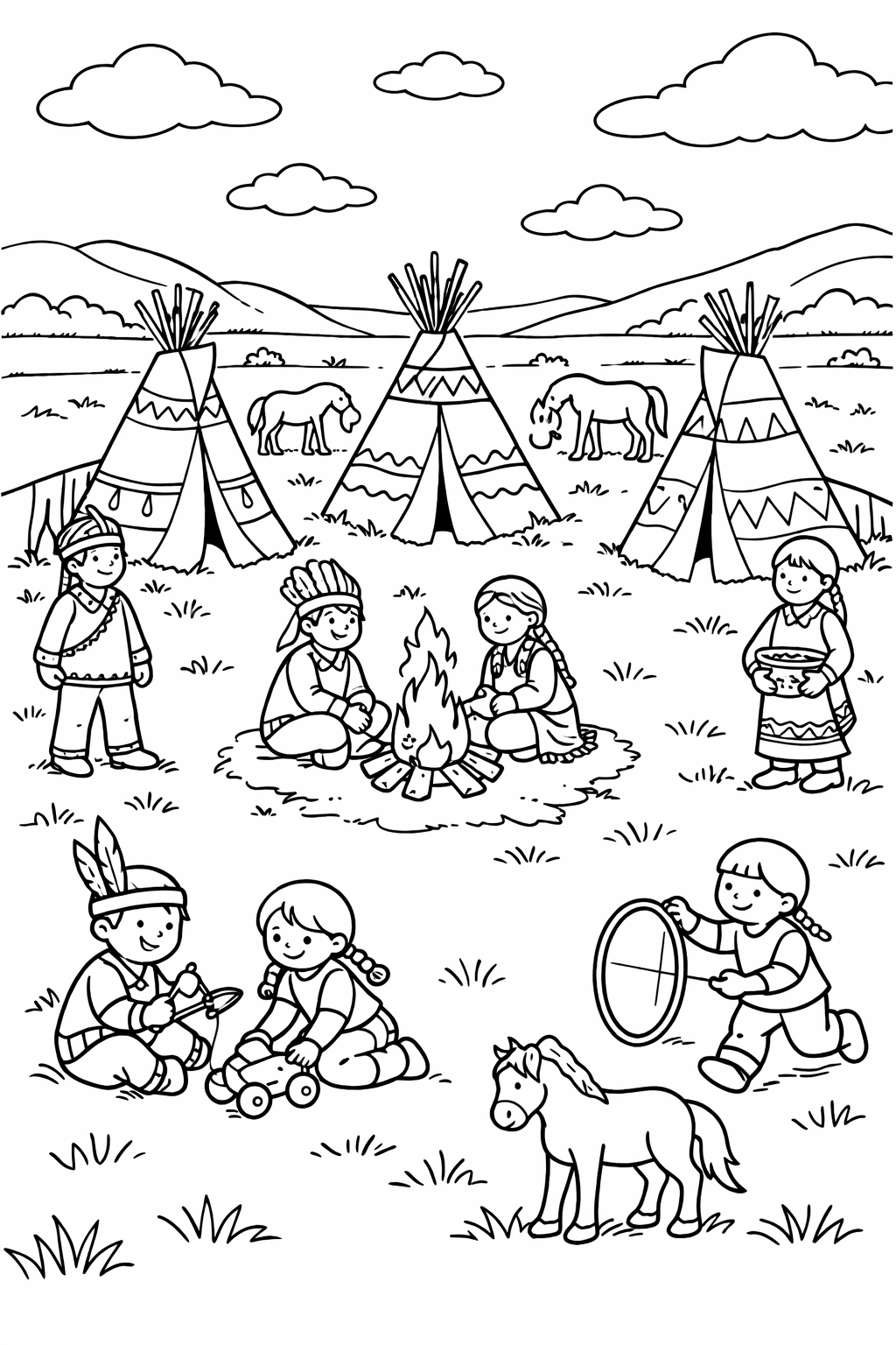 Children sitting around a campfire, playing games in front of tepees with horses in the background. This coloring page captures a fun camping adventure, encouraging kids to explore their artistic skills and imagination.