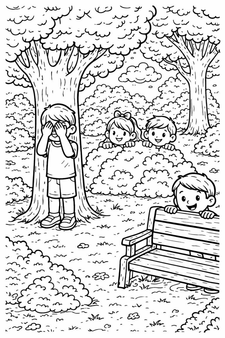 Children play hide and seek in a park with trees, bushes, and a bench. One child covers eyes while others hide, creating a fun and lively scene for kids to color.