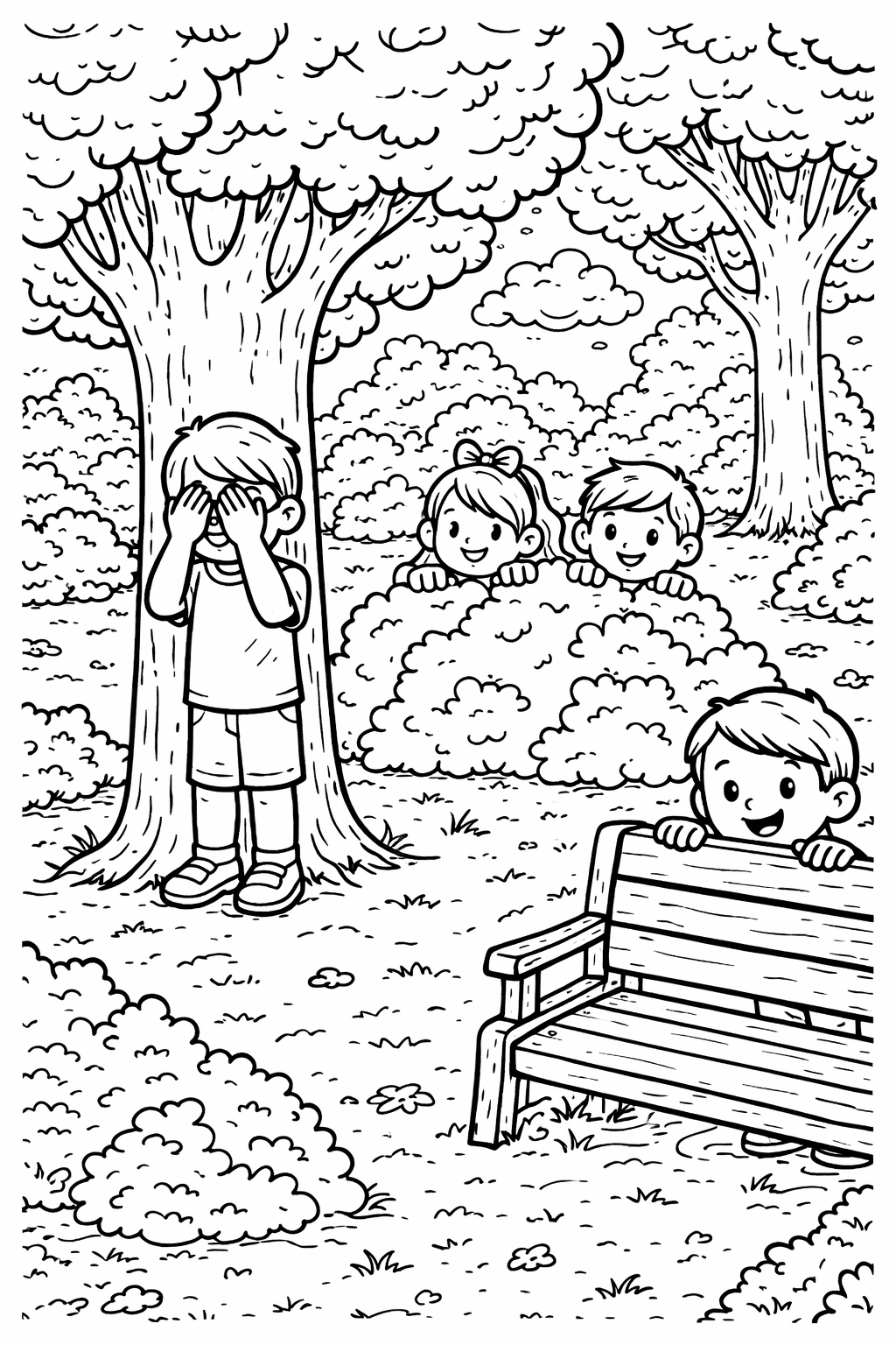 Children play hide and seek in a park with trees, bushes, and a bench. One child covers eyes while others hide, creating a fun and lively scene for kids to color.