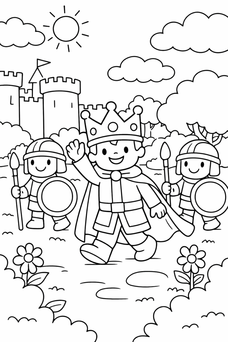 A cheerful king with a crown leading two knights, each holding a spear and shield, beneath a sunny sky with fluffy clouds and a castle in the background, surrounded by flowers and bushes.