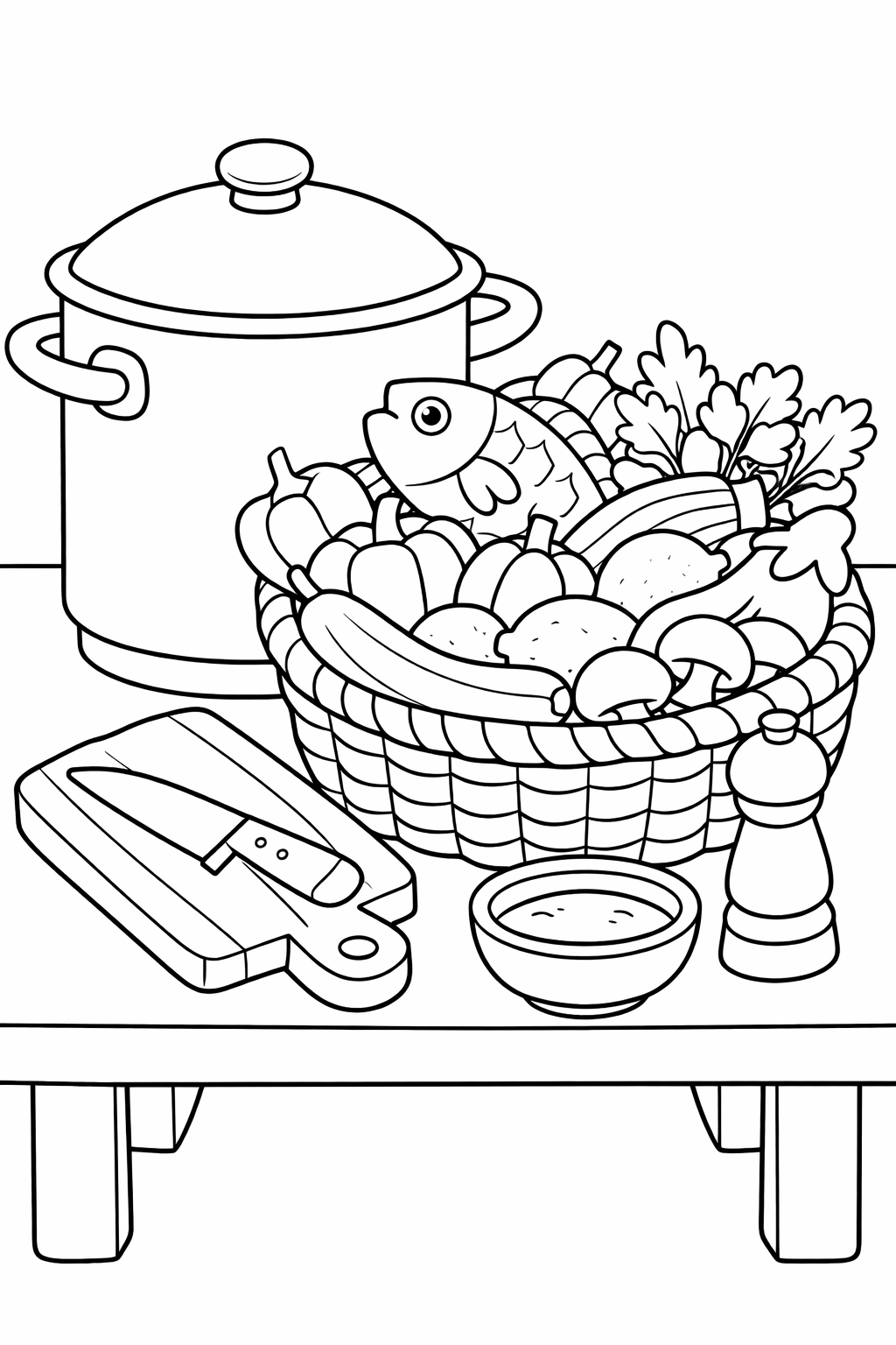 Coloring page depicting a cozy kitchen scene with a basket of fresh vegetables and fish, a large pot, and kitchen tools like a cutting board and pepper shaker. Kids can enjoy imagining and coloring each detail creatively.