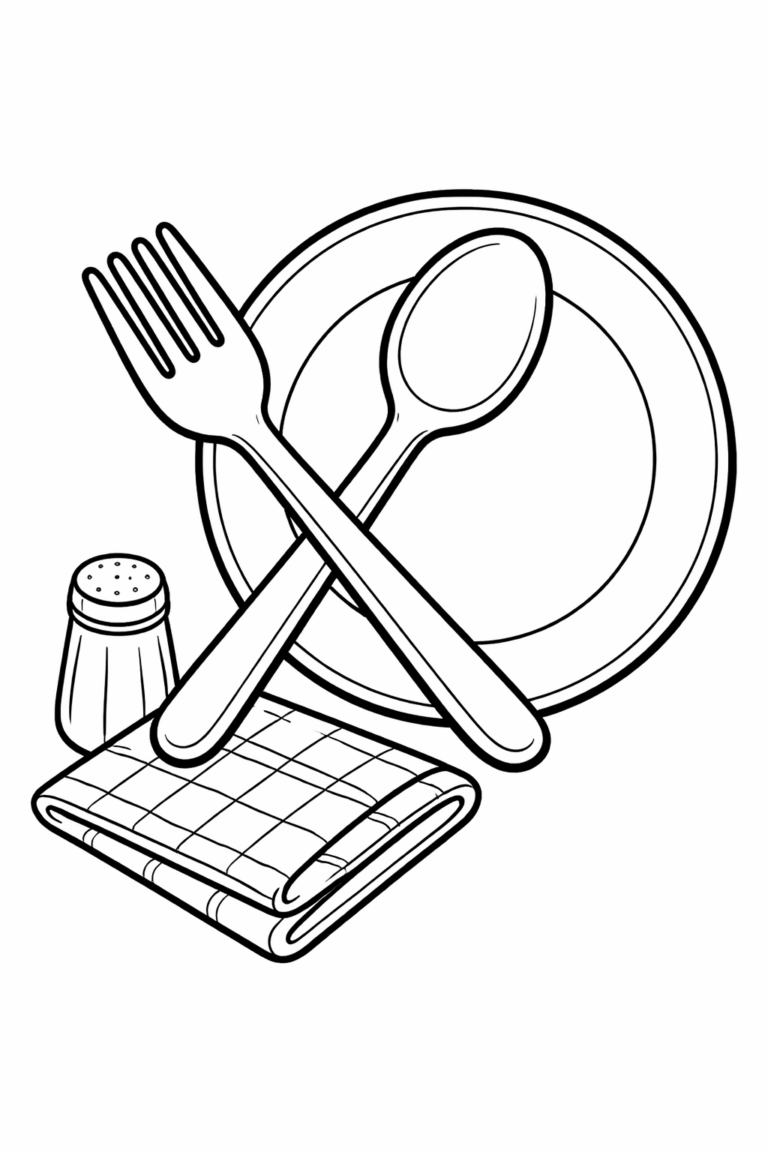 Coloring page featuring a plate with a spoon and fork crossed, alongside a salt shaker and a folded napkin. Designed for children to color as they learn about kitchen utensils.