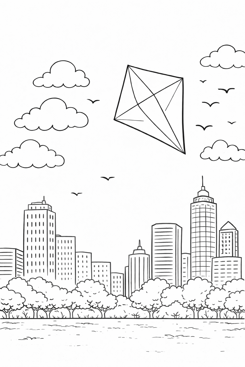 Coloring page depicting a kite flying above a city skyline with clouds, birds, and trees. The scene invites creative coloring to bring this urban landscape to life.