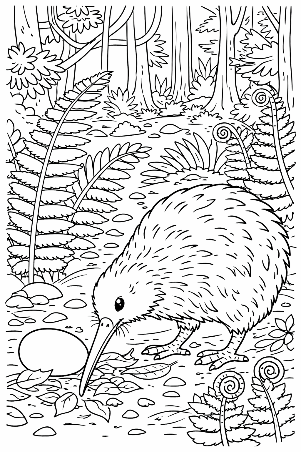 A coloring page of a kiwi bird in a forest setting. The bird is surrounded by detailed ferns and pebbles, offering a rich experience for young artists to explore nature through coloring.