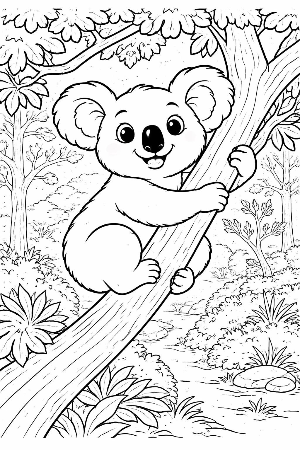 A cute koala clings to a tree in a peaceful forest setting. The scene features lush foliage and captures the essence of a natural koala habitat, perfect for children to color.