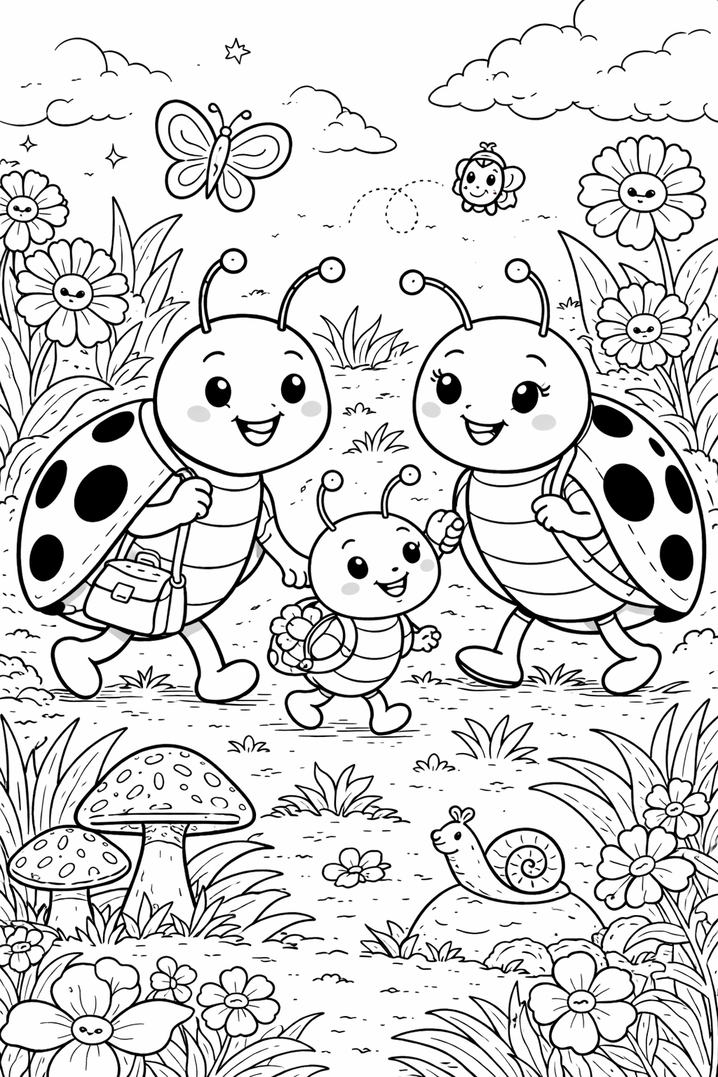 Charming coloring page of a ladybug family walking in a garden. Features include smiling flowers, mushrooms, a butterfly, and a snail. Perfect for kids to color and explore their creativity through vibrant nature themes.