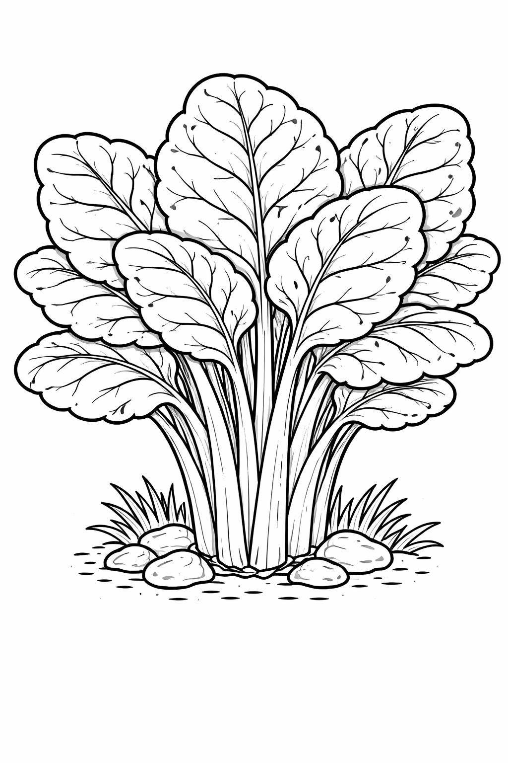 Detailed coloring page of large leafy greens with intricate veins, designed to help kids learn about plants while enjoying coloring.