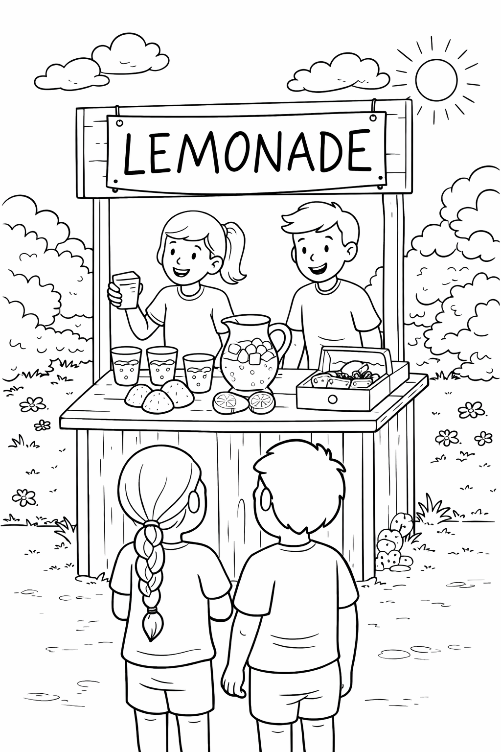 A lemonade stand with two kids behind the counter, serving lemonade to customers. The page shows a bright, cheerful outdoor setting with a sunny day. It's designed for children to enjoy coloring and bringing the scene to life with vibrant colors.