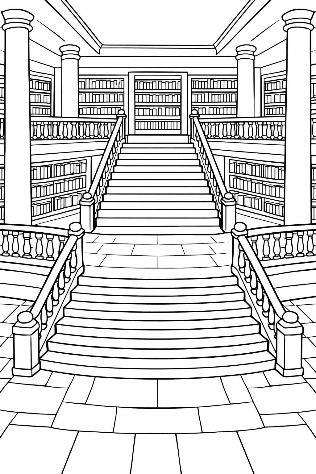 A detailed coloring page of a grand library staircase. The image shows stairs flanked by balustrades, with bookshelves filled with books in the background. Children can color the elegant architectural details and explore imaginative storytelling.
