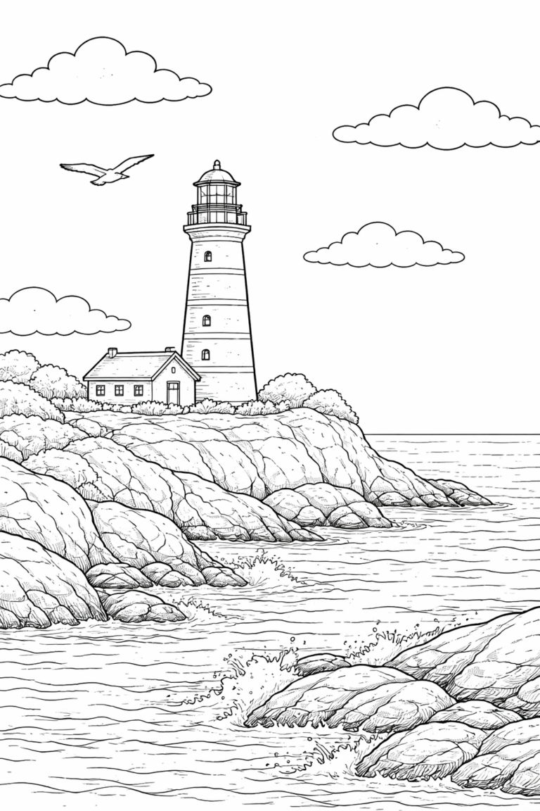 A detailed coloring page showing a lighthouse on a rocky cliff by the ocean. Clouds float in the sky, and the sea is calm, making it a perfect scene for children to color and explore the coastal landscape.
