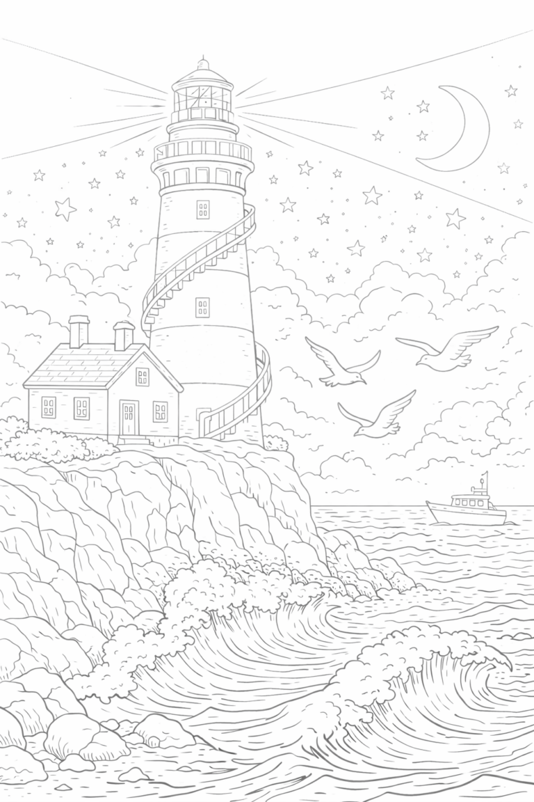 A detailed coloring page with a lighthouse on a rocky coast, seagulls flying, and a boat in the ocean under a starry sky. Perfect for children to color creatively.
