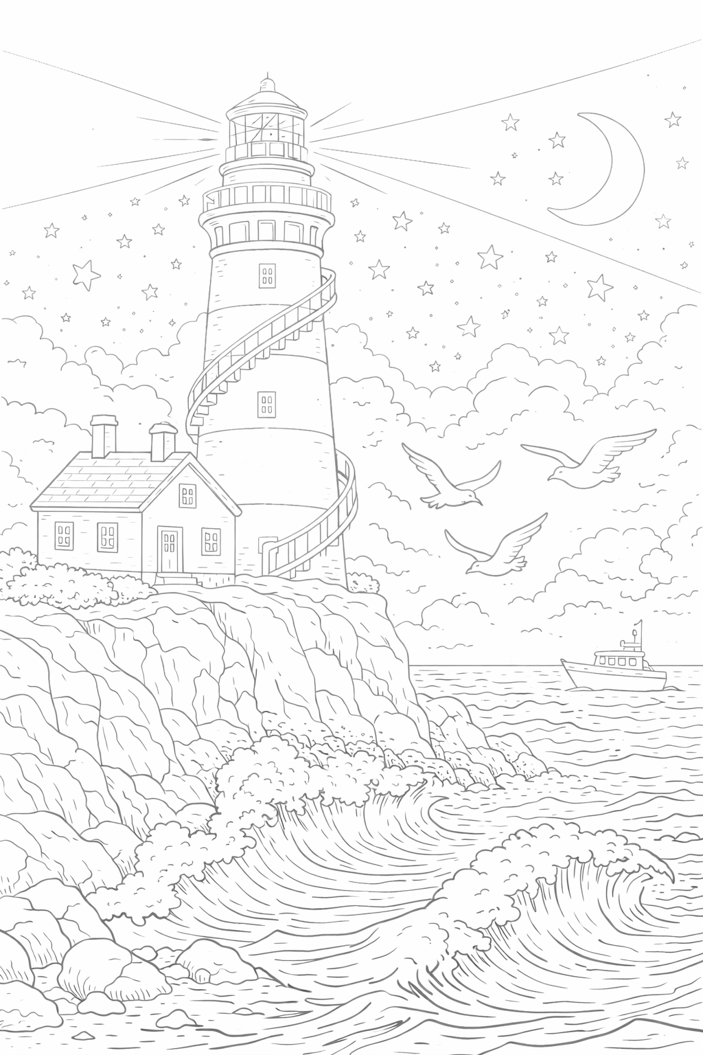 A detailed coloring page with a lighthouse on a rocky coast, seagulls flying, and a boat in the ocean under a starry sky. Perfect for children to color creatively.