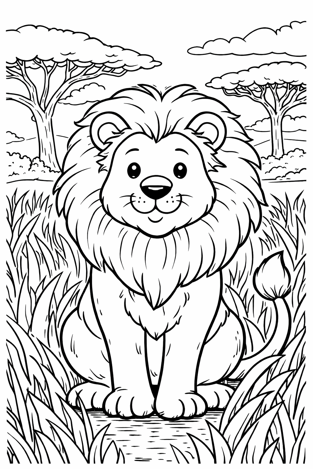 A charming coloring page of a smiling lion seated among tall grass with a backdrop of acacia trees, perfect for a child's creative safari adventure.