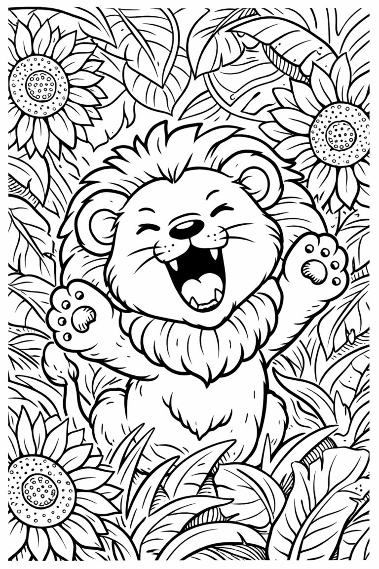 A joyful lion coloring page featuring a cute lion surrounded by sunflowers and jungle leaves, inviting children to bring the scene to life with their creativity and colors.