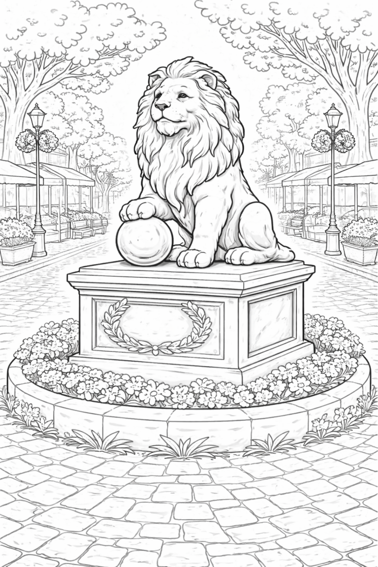 Children's coloring page featuring a majestic lion statue in a town square. The lion rests on a pedestal adorned with floral motifs, surrounded by flowers and set against a backdrop of trees and street lamps.