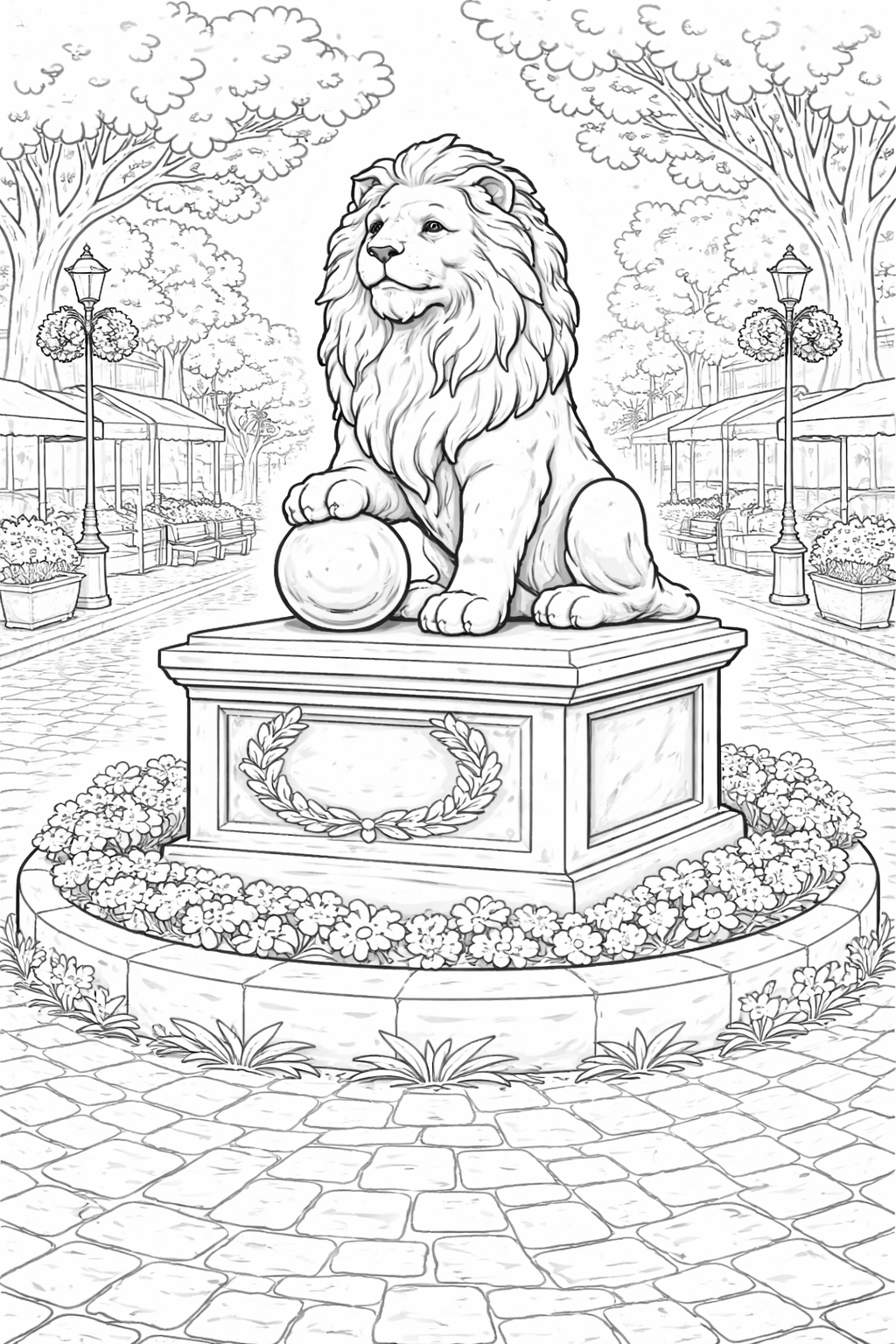 Children's coloring page featuring a majestic lion statue in a town square. The lion rests on a pedestal adorned with floral motifs, surrounded by flowers and set against a backdrop of trees and street lamps.