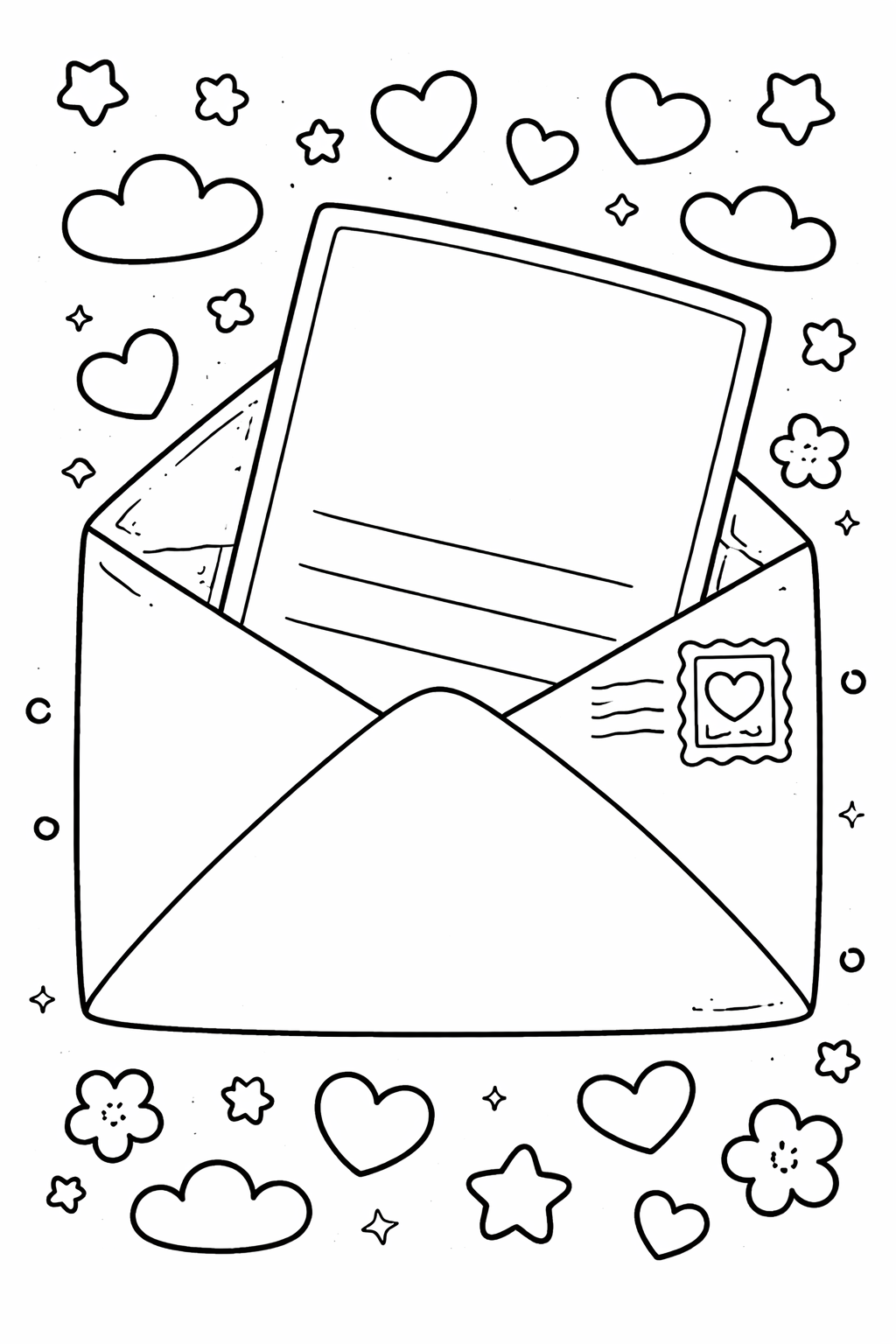 A coloring page featuring an open envelope holding a love letter, surrounded by cartoon hearts, stars, clouds, and flowers. Kids can creatively color each part and personalize the letter, making it an engaging and imaginative activity.
