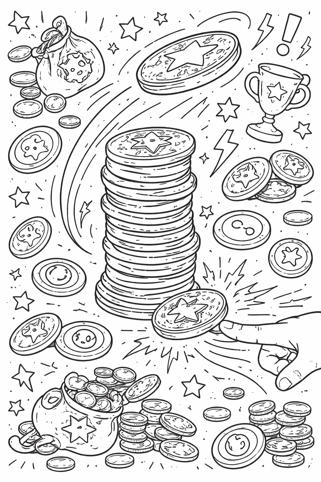 A fantasy-themed coloring page with a variety of magic coins featuring stars, coins in motion, and a bag of overflowing coins inviting children to bring the scene to life with colors.