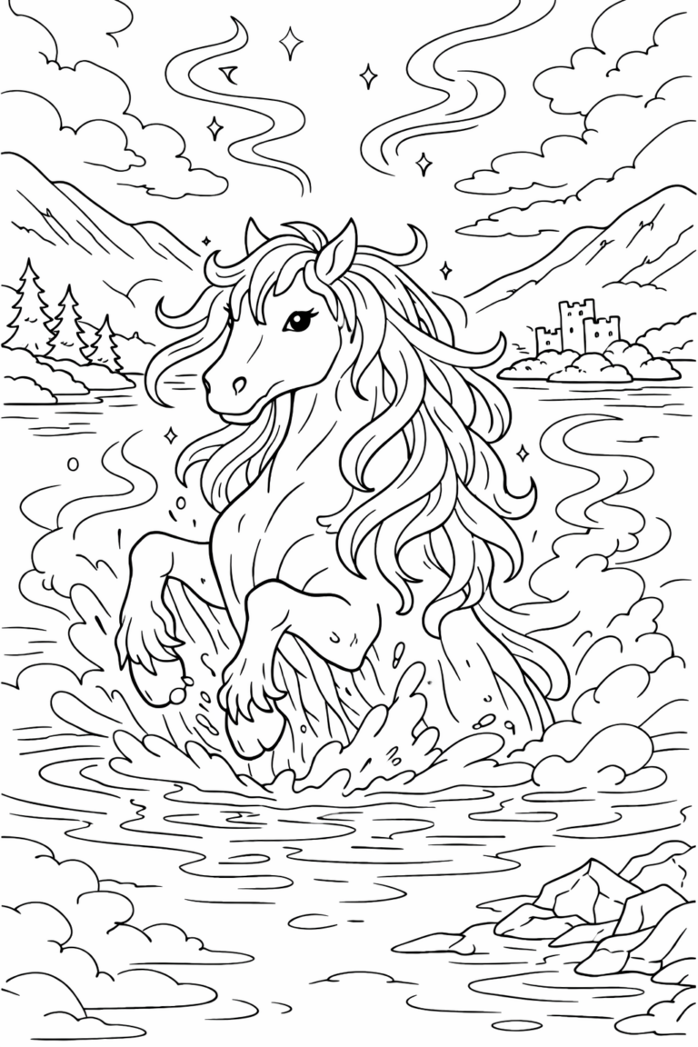 A magical horse emerges from the water in front of a landscape featuring trees, mountains, and a castle. The scene invites children to explore their creativity by coloring this enchanting and mythical setting.