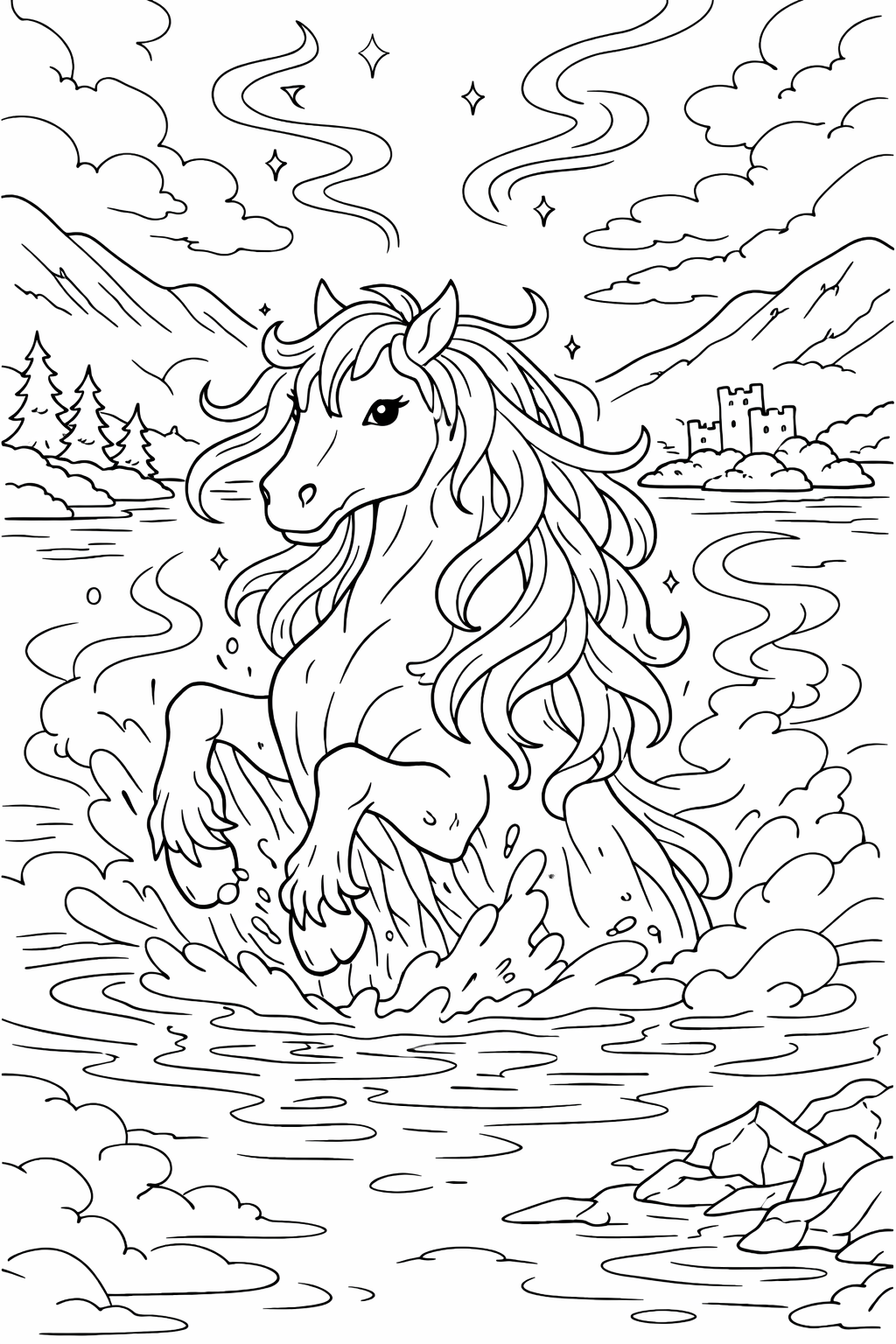 A magical horse emerges from the water in front of a landscape featuring trees, mountains, and a castle. The scene invites children to explore their creativity by coloring this enchanting and mythical setting.