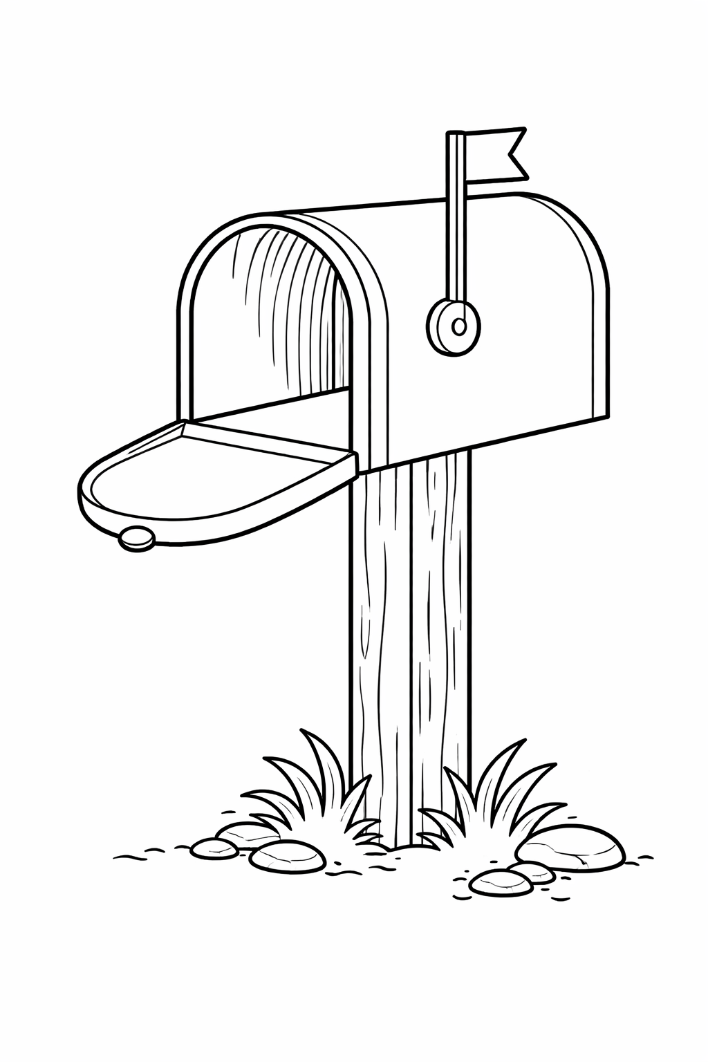 A classic mailbox on a wooden post, surrounded by grass and rocks, with an open door and a raised flag. This simple yet charming design allows children to explore their creativity and enhance fine motor skills by adding vibrant colors.