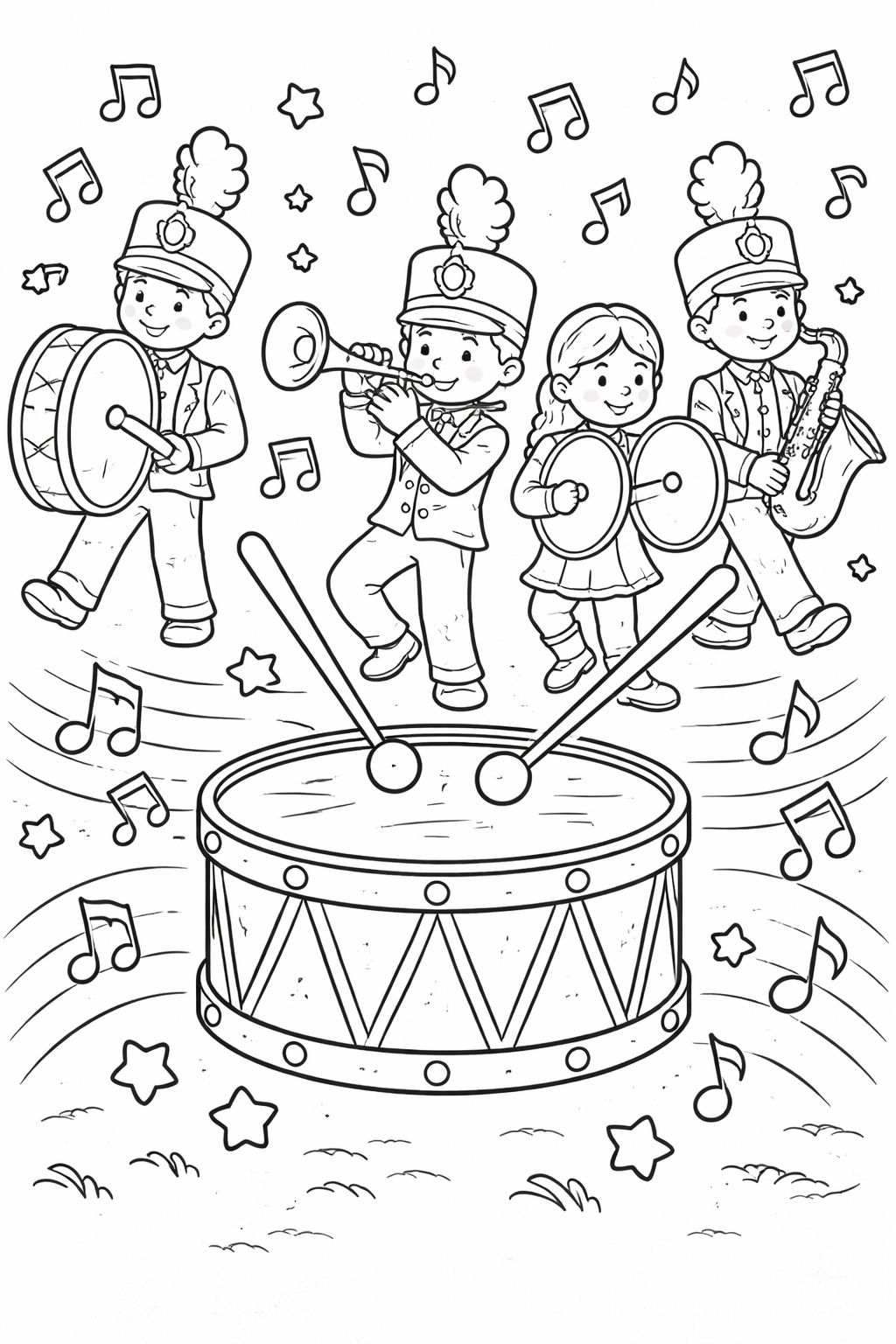 Children in a marching band, playing instruments like drums, trumpet, cymbals, and saxophone, surrounded by musical notes and stars, ready for coloring.