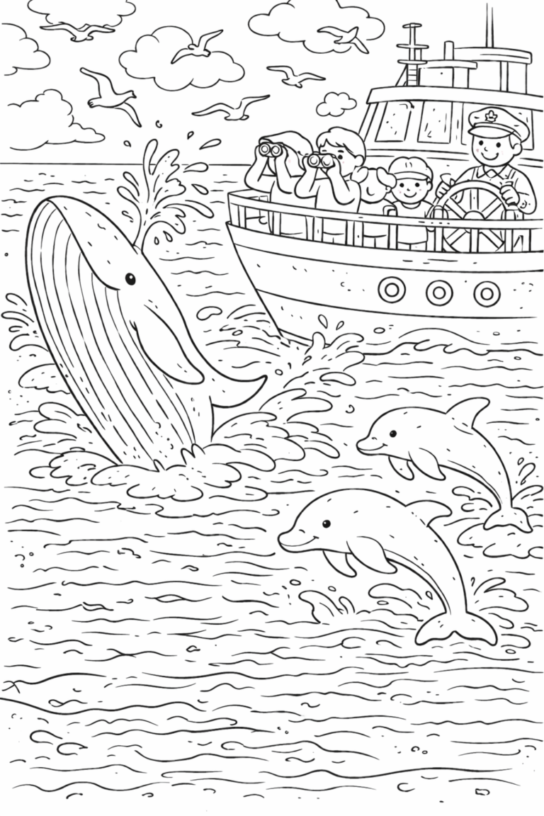 Coloring page depicting a marine scene with a whale breaching, dolphins swimming, and children watching from a boat. Ideal for young ocean lovers to color and learn about sea life.