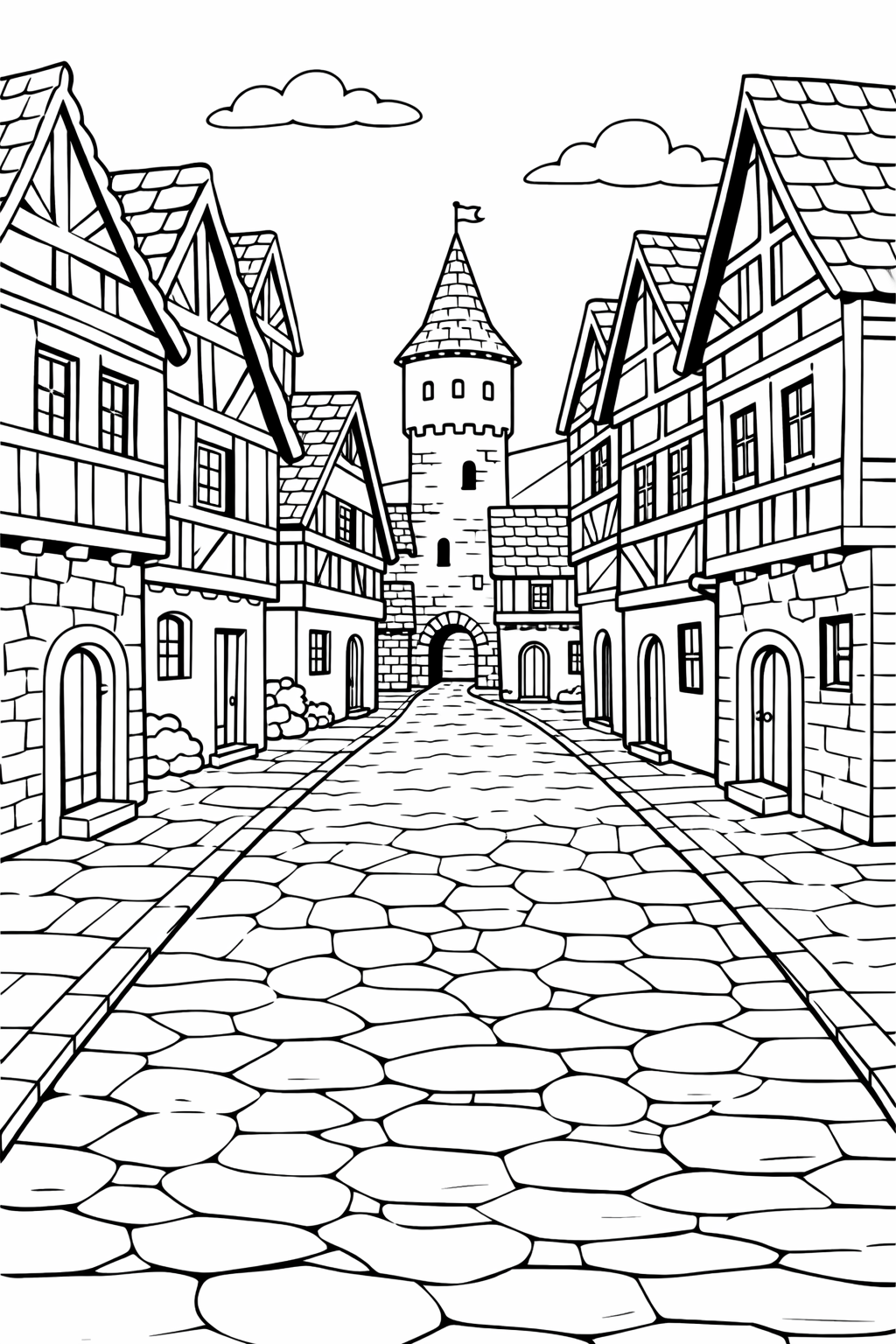 A detailed coloring page showing a medieval village with timber-framed houses, a castle tower in the background, and cobblestone streets. Perfect for children to color and explore historical architecture and scenery.
