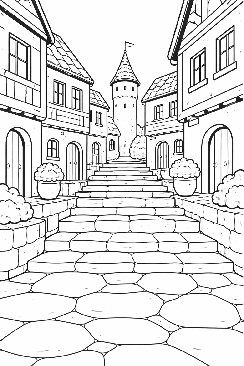 Coloring page of a medieval village with cobblestone street, quaint houses, and a tall tower perfect for kids to enjoy and explore historic themes.
