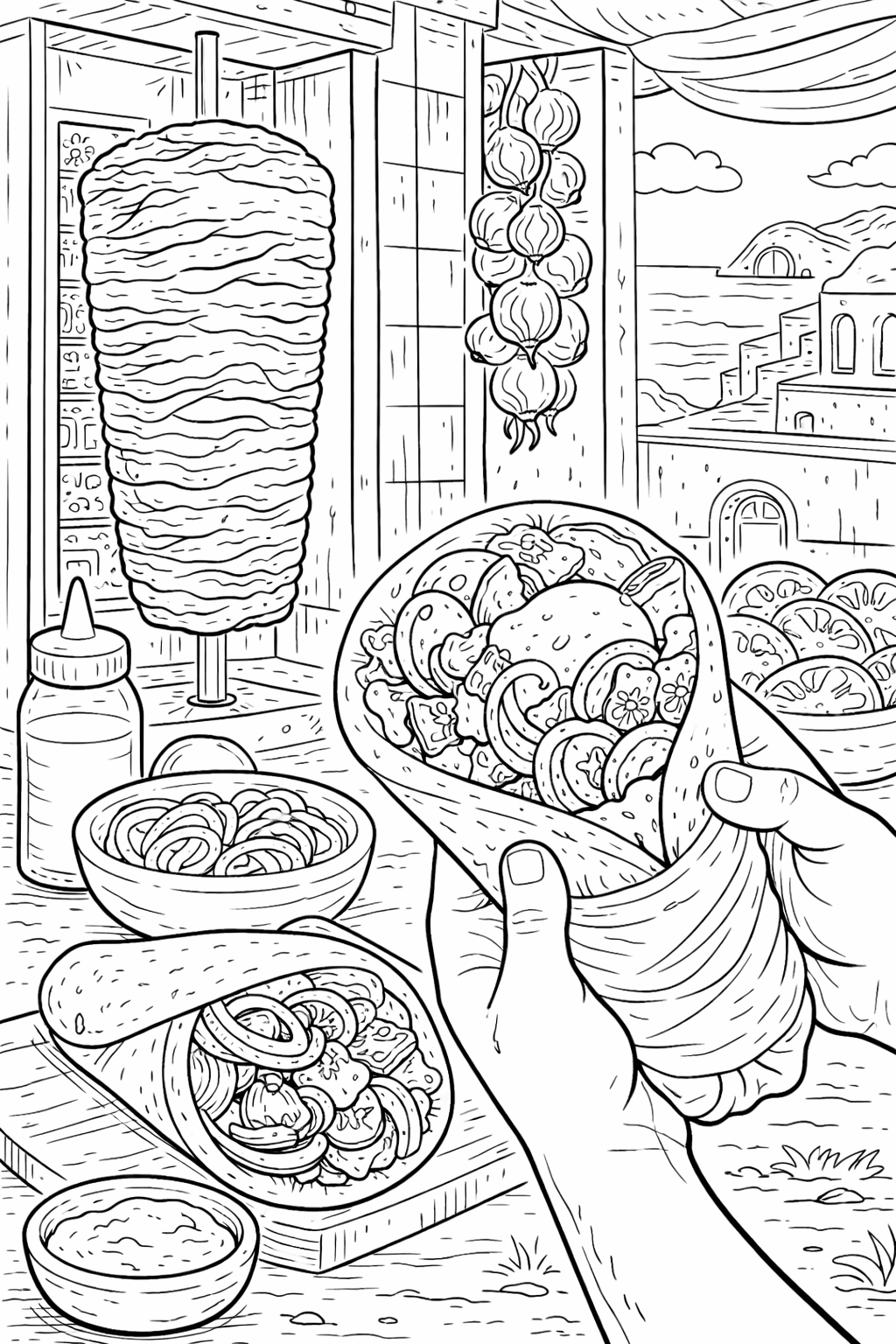 A Mediterranean street food scene to color, featuring shawarma, sliced vegetables, and a detailed background. Children can explore different elements in this culinary scene, including architecture and food displays in a vibrant setting.