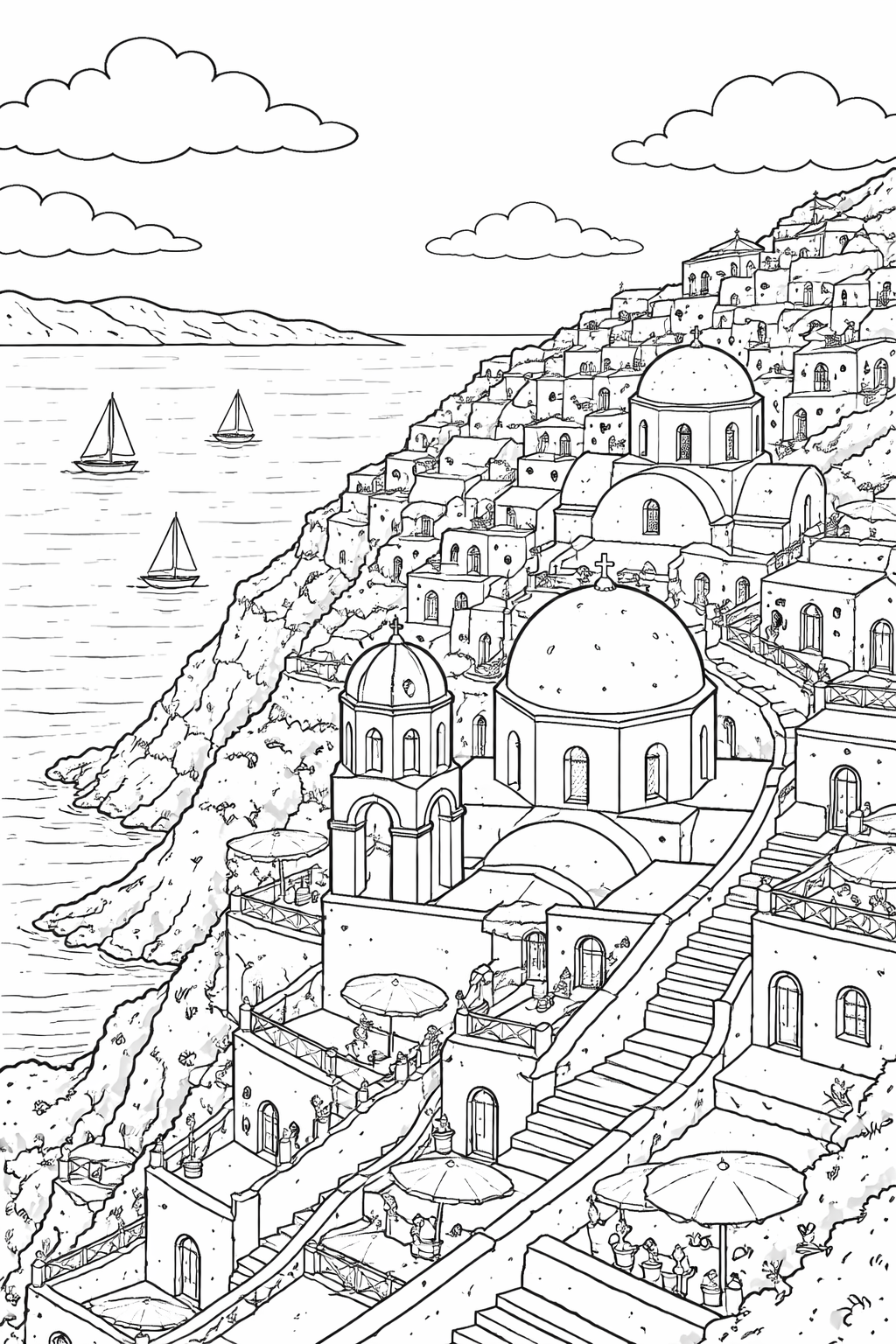 Coloring page depicting a Mediterranean village. Domed buildings cascade down a hillside with a view of the sea. Sailboats are on the water. Children can explore intricate architectural details.
