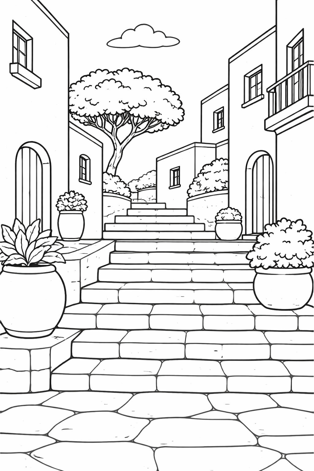 A detailed coloring page of a Mediterranean village scene with cobblestone steps, potted plants, and traditional buildings under a tree, offering a serene atmosphere for coloring.