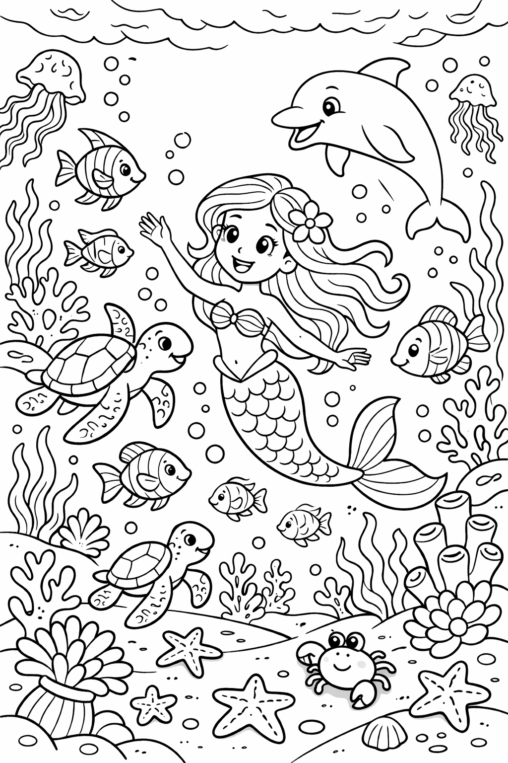 An enchanting coloring page of a mermaid underwater with friendly sea animals like turtles, dolphins, and fish. The scene includes seaweed, coral reefs, and starfish, perfect for inspiring children's creativity.