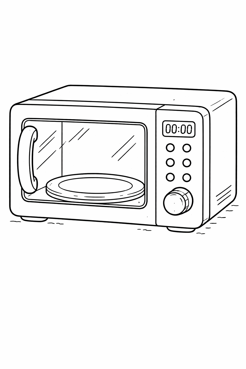 A simple black and white line drawing of a microwave, ideal for kids’ coloring activities. It displays basic features like buttons and a door handle, allowing children to learn about kitchen appliances while having fun.