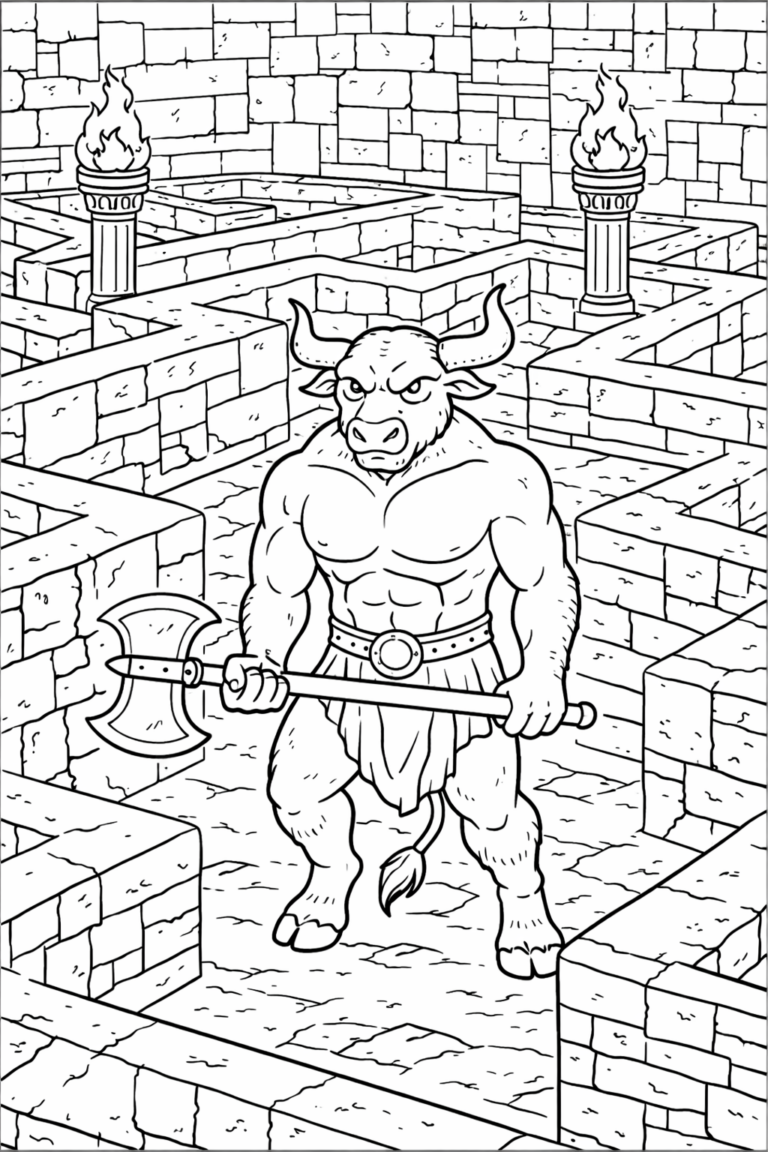 A detailed coloring page of a Minotaur holding an axe in the midst of an intricate stone labyrinth, complete with torches and walls, creating an adventurous scene.