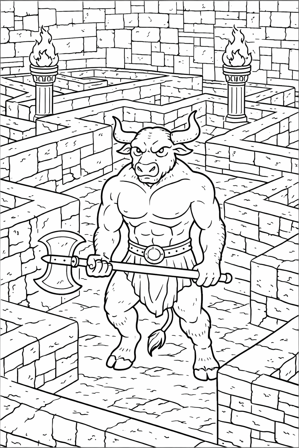A detailed coloring page of a Minotaur holding an axe in the midst of an intricate stone labyrinth, complete with torches and walls, creating an adventurous scene.