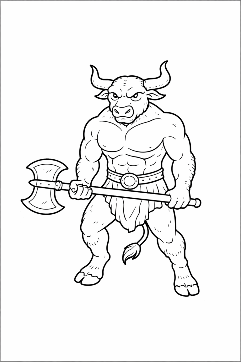 Coloring page of a Minotaur, a half-bull, half-human creature holding an axe. Designed for children to explore creativity with intricate details and bold lines.