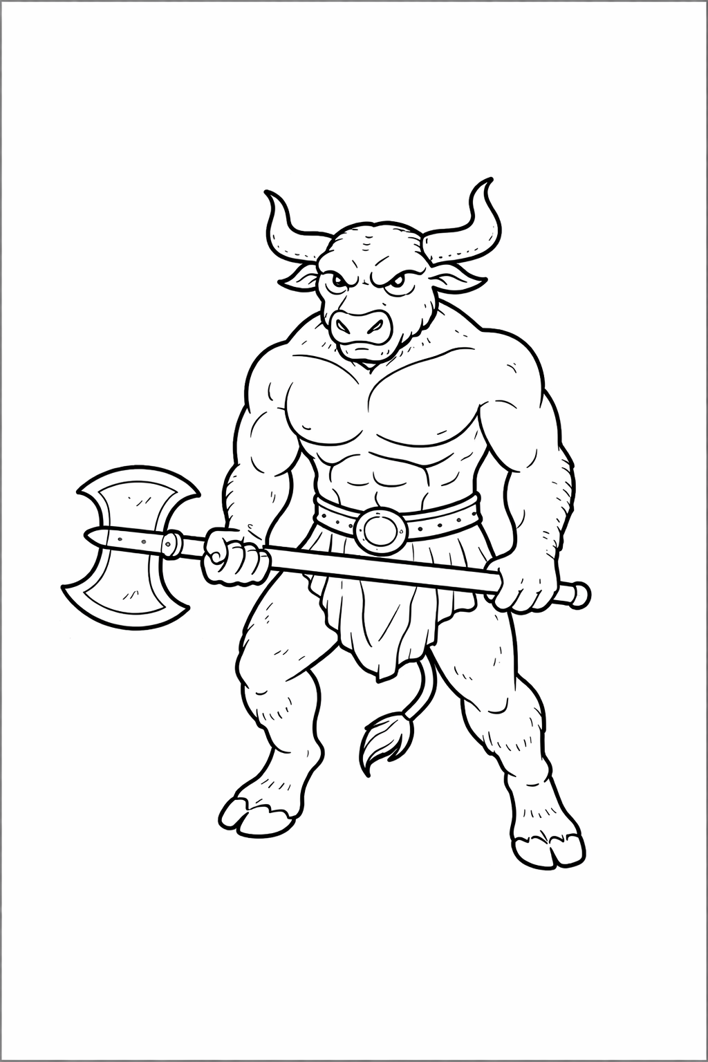 Coloring page of a Minotaur, a half-bull, half-human creature holding an axe. Designed for children to explore creativity with intricate details and bold lines.
