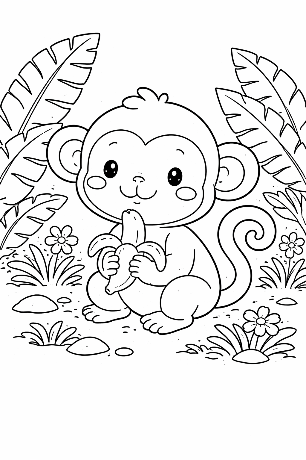 A cute monkey holding a banana in the middle of a jungle, surrounded by tropical leaves and flowers. This fun and engaging children's coloring page is perfect for kids to explore their creativity and imagination while coloring.