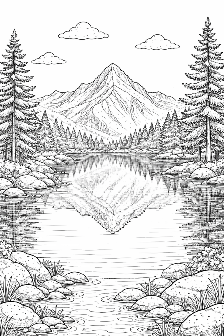 Mountain landscape coloring page with pine trees, a lake, and mountains. Ideal for children's creativity, encouraging exploration of nature through art.
