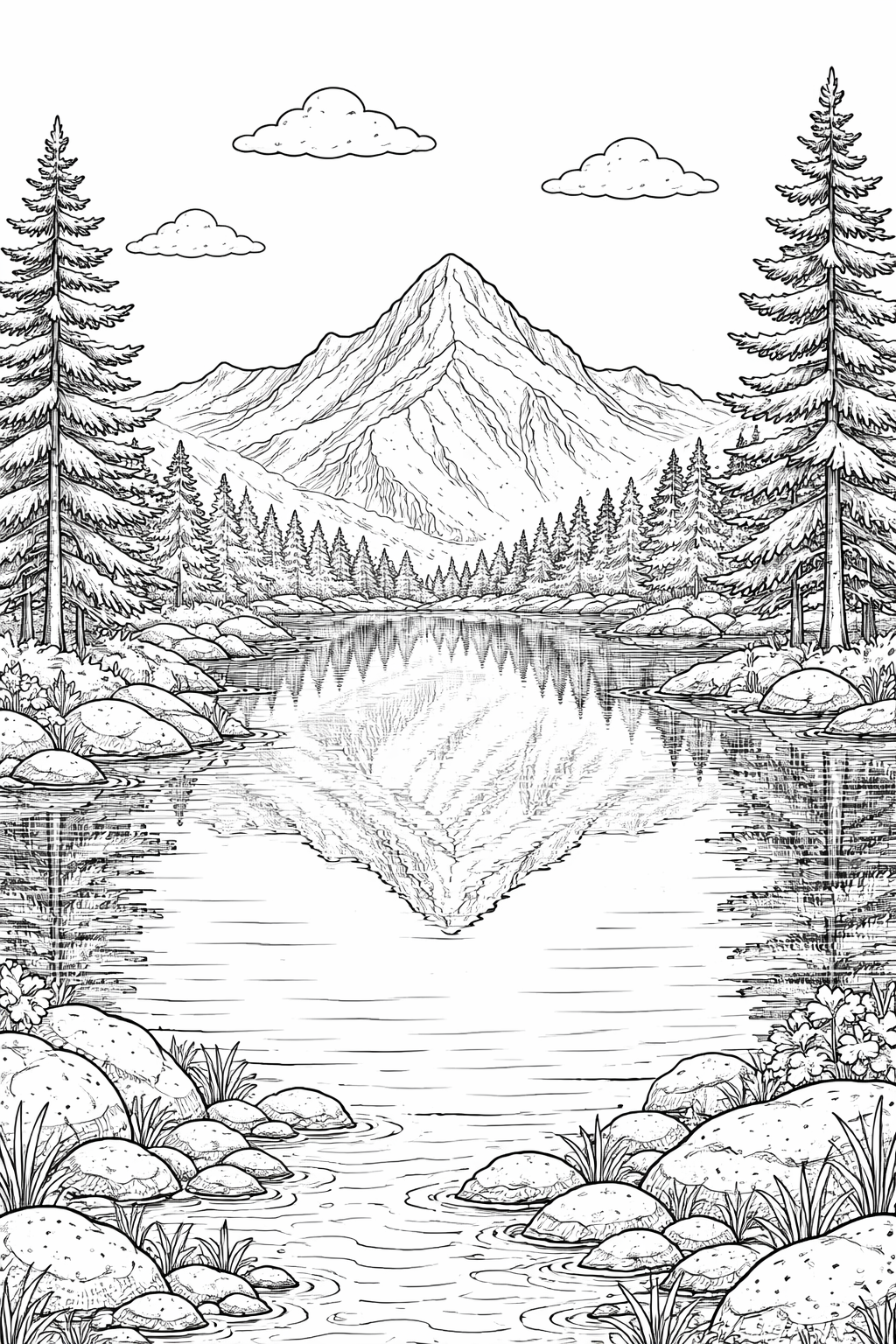 Mountain landscape coloring page with pine trees, a lake, and mountains. Ideal for children's creativity, encouraging exploration of nature through art.
