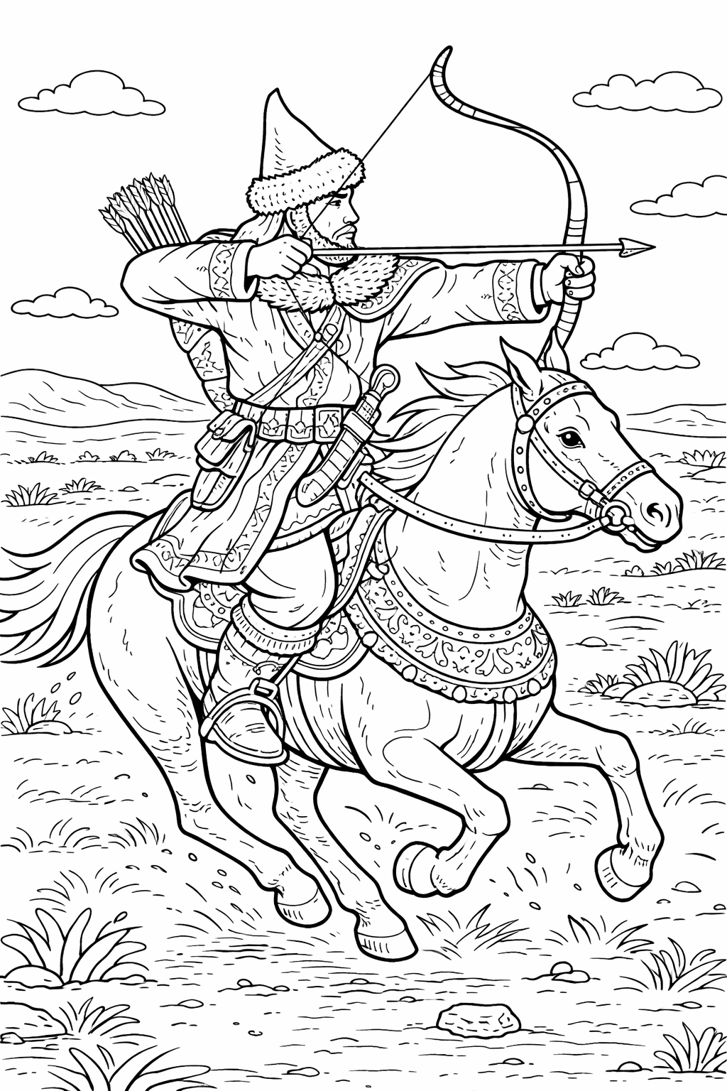 A detailed coloring page depicting a mounted archer in traditional attire. The archer is drawing his bow while riding a horse across an open landscape. The background features clouds and rolling hills. Children can color this adventurous scene.