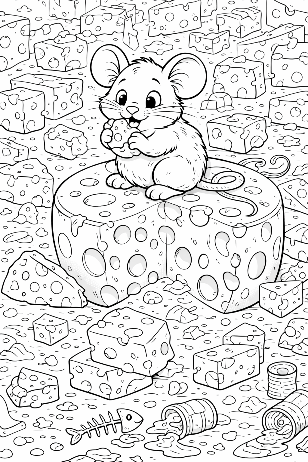 A cute mouse perched on a large piece of cheese, surrounded by various cheese chunks and playful elements like cans and fish bones. Perfect for coloring fun.