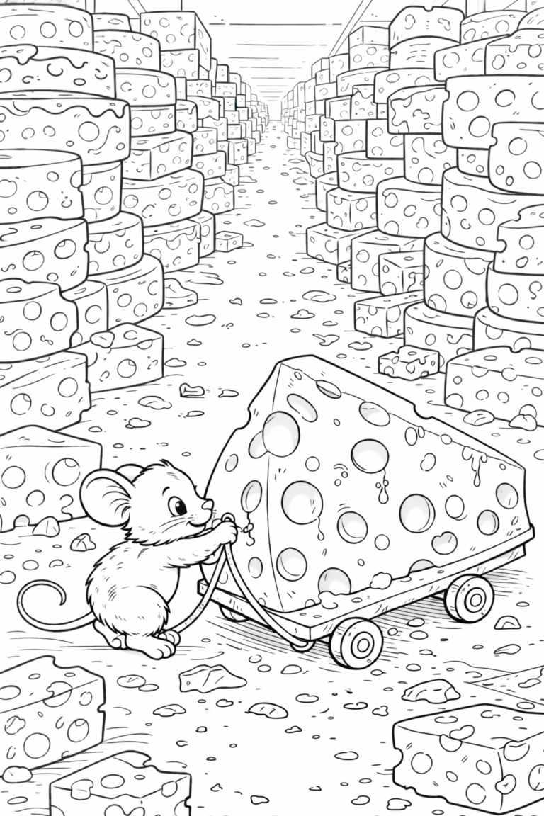 A cute mouse pushing a cart with a giant piece of cheese, in a room full of cheese stacks, designed for children to color and enjoy.
